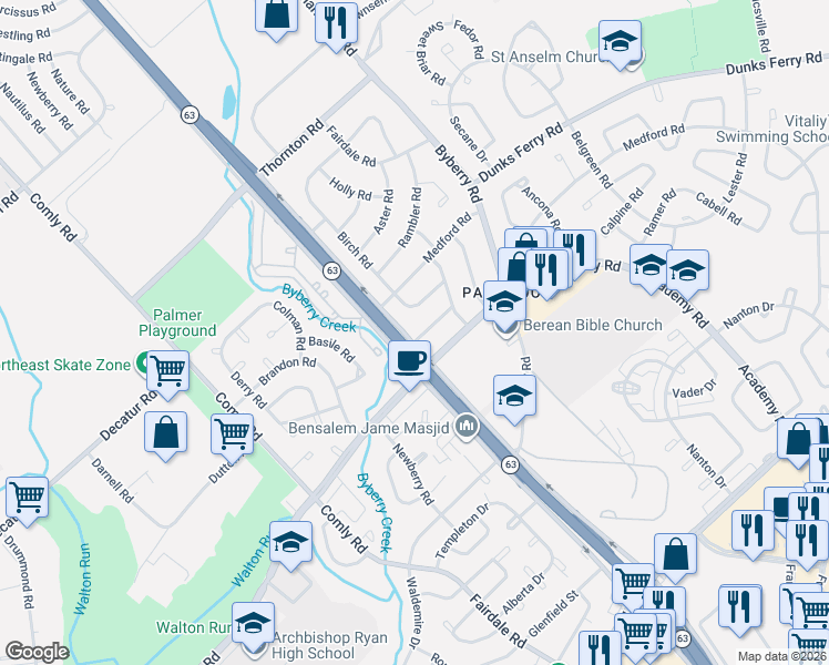 map of restaurants, bars, coffee shops, grocery stores, and more near 3329 Woodhaven Road in Philadelphia