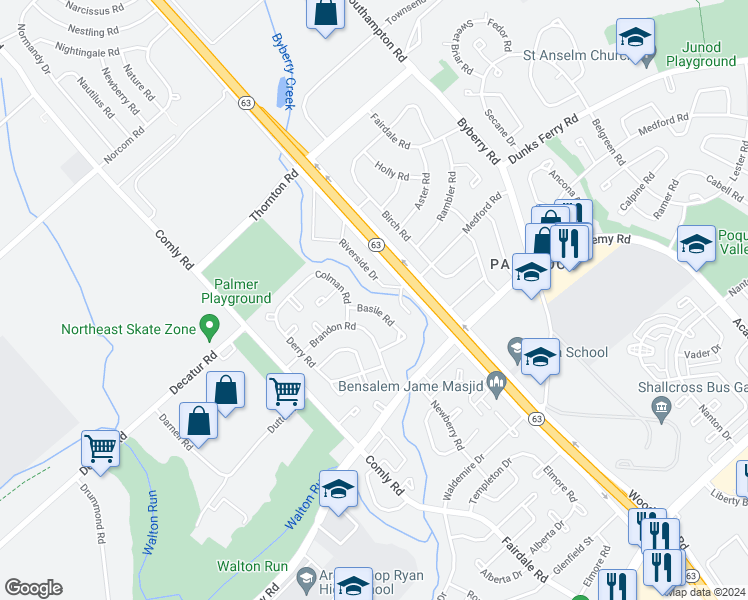map of restaurants, bars, coffee shops, grocery stores, and more near 11814 Basile Road in Philadelphia