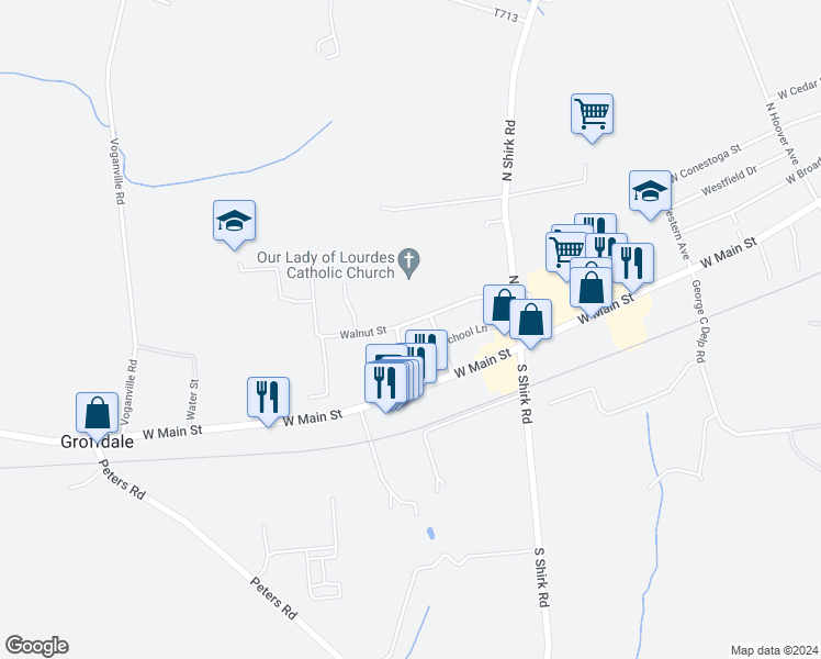 map of restaurants, bars, coffee shops, grocery stores, and more near 818 Walnut Street in New Holland