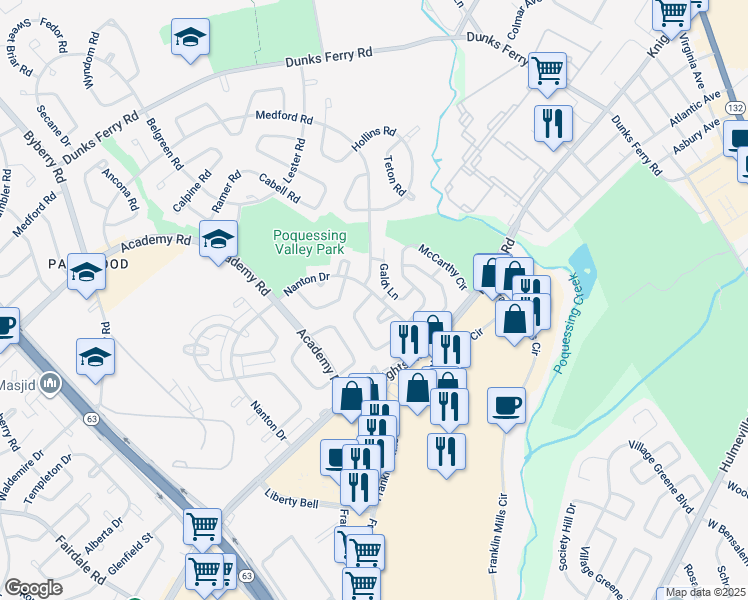 map of restaurants, bars, coffee shops, grocery stores, and more near 3701 Westhampton Drive in Philadelphia