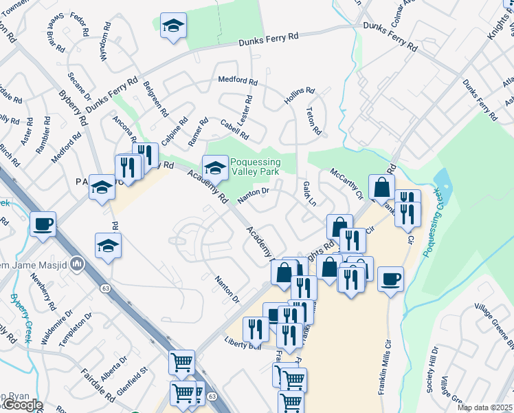 map of restaurants, bars, coffee shops, grocery stores, and more near 3619 Canby Drive in Philadelphia