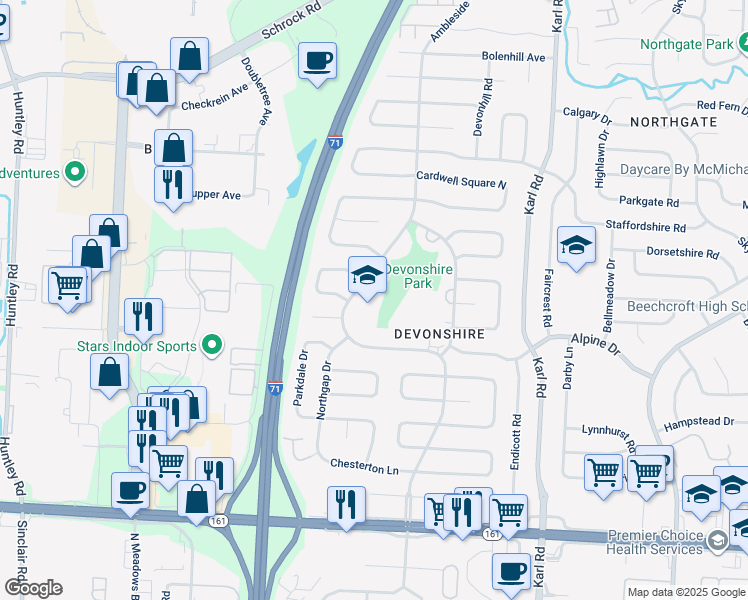 map of restaurants, bars, coffee shops, grocery stores, and more near 6286 Ambleside Drive in Columbus