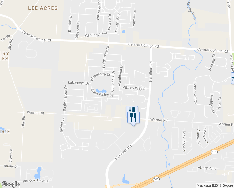 map of restaurants, bars, coffee shops, grocery stores, and more near 5595 Marshfield Drive in Westerville