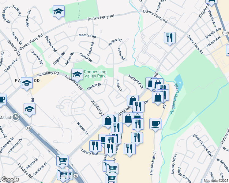 map of restaurants, bars, coffee shops, grocery stores, and more near 3701 Westhampton Drive in Philadelphia