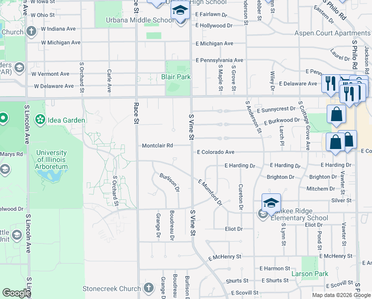 map of restaurants, bars, coffee shops, grocery stores, and more near 27 Montclair Road in Urbana