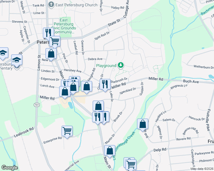map of restaurants, bars, coffee shops, grocery stores, and more near 5784 Wild Lilac Drive in East Petersburg