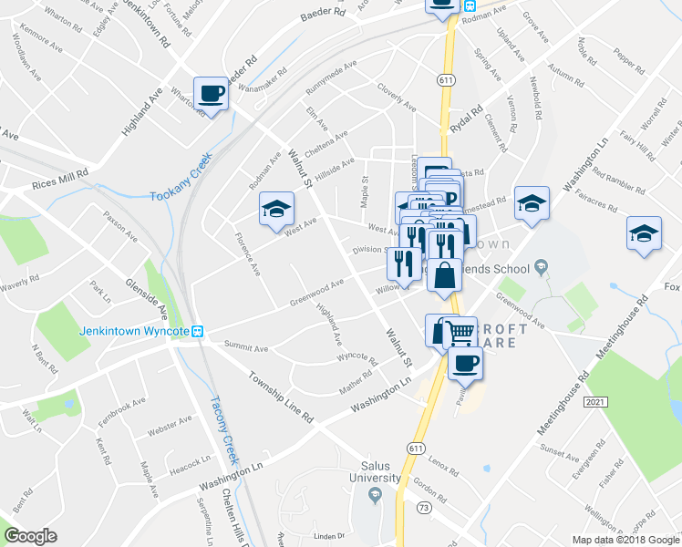 map of restaurants, bars, coffee shops, grocery stores, and more near 325 Greenwood Ave in Jenkintown