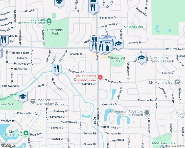 map of restaurants, bars, coffee shops, grocery stores, and more near 1813 Southwood Drive in Champaign