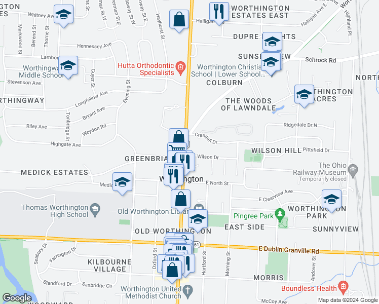 map of restaurants, bars, coffee shops, grocery stores, and more near 1012 High Street in Worthington