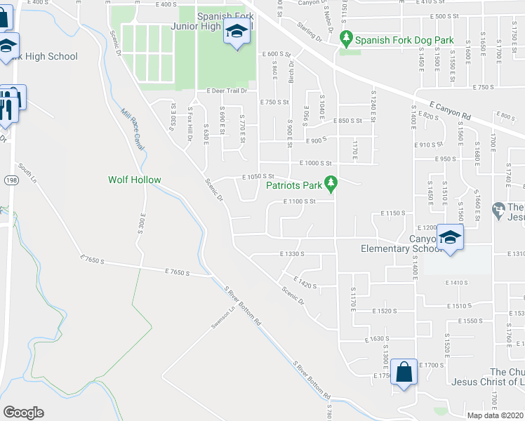 map of restaurants, bars, coffee shops, grocery stores, and more near 1136 South 850 East Street in Spanish Fork