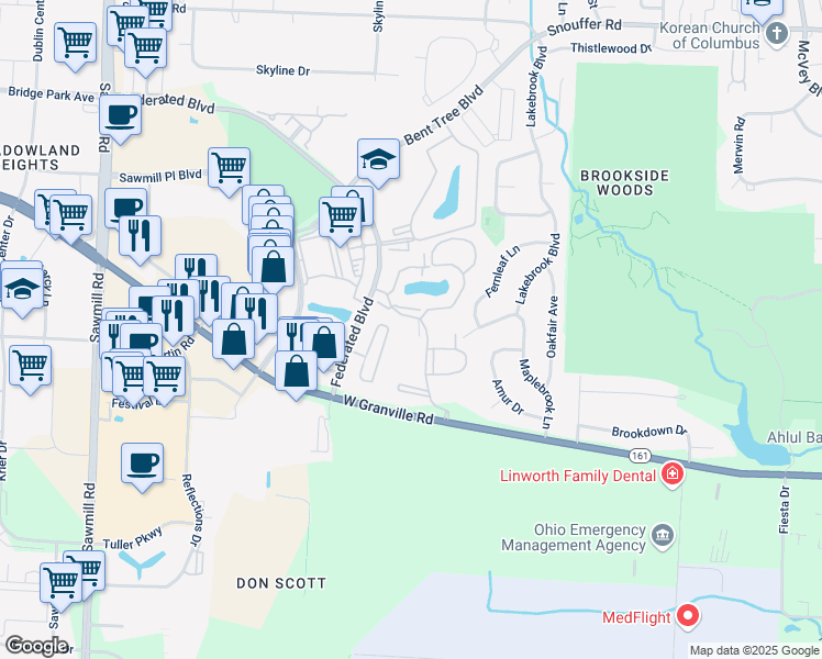 map of restaurants, bars, coffee shops, grocery stores, and more near 6789 Meadow Creek Drive in Columbus