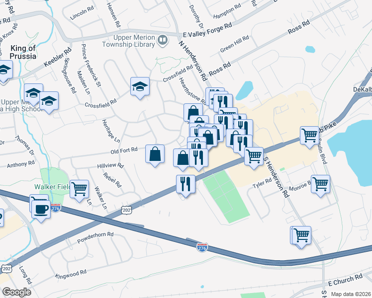 map of restaurants, bars, coffee shops, grocery stores, and more near 250 Tanglewood Lane in King of Prussia