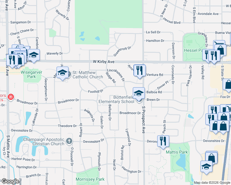 map of restaurants, bars, coffee shops, grocery stores, and more near 4 Bellamy Court in Champaign