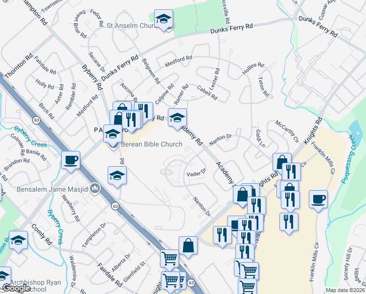 map of restaurants, bars, coffee shops, grocery stores, and more near 3605 Bellaire Place in Philadelphia