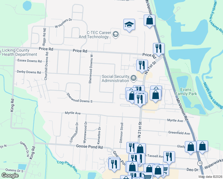 map of restaurants, bars, coffee shops, grocery stores, and more near 204 Upson Downs Road in Newark