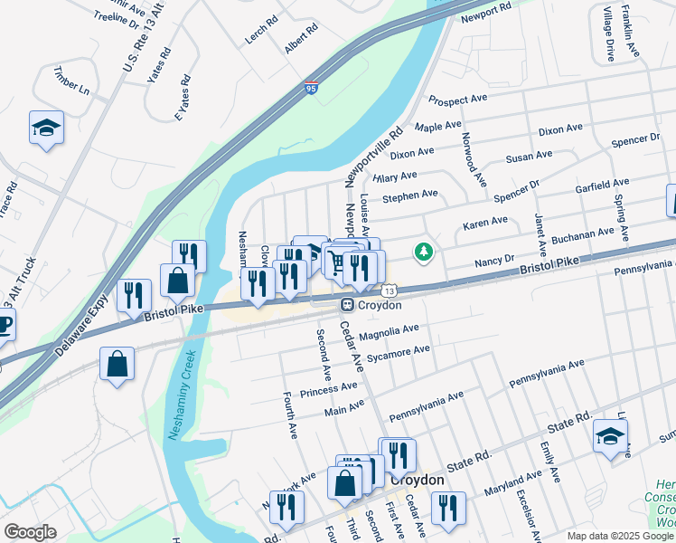 map of restaurants, bars, coffee shops, grocery stores, and more near 126 Belmont Avenue in Croydon
