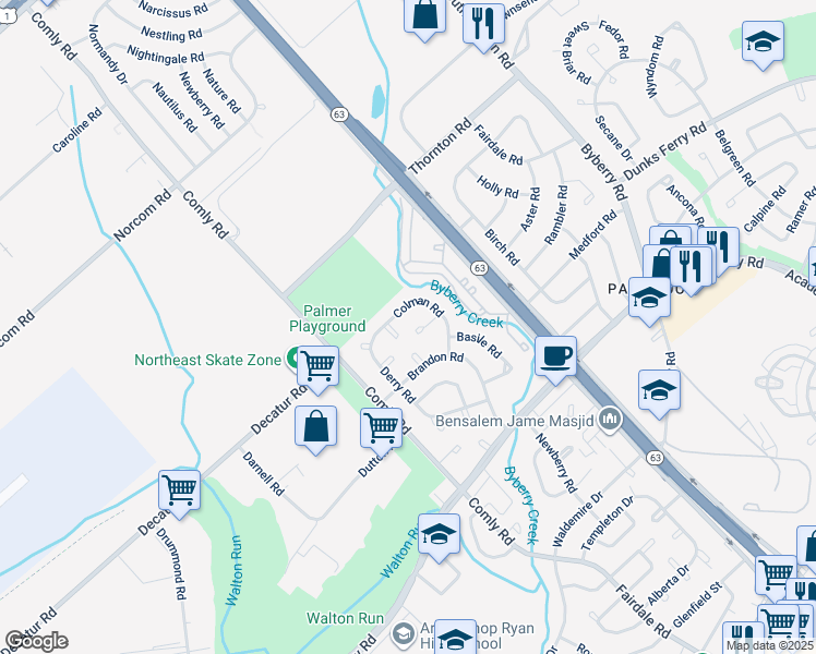 map of restaurants, bars, coffee shops, grocery stores, and more near 11829 Colman Terrace in Philadelphia