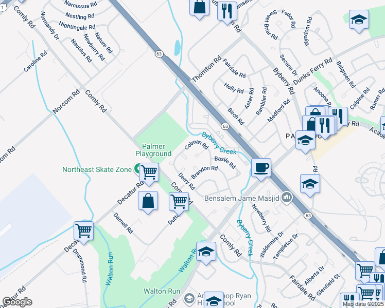 map of restaurants, bars, coffee shops, grocery stores, and more near 11829 Colman Terrace in Philadelphia