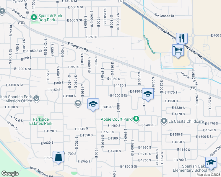 map of restaurants, bars, coffee shops, grocery stores, and more near 1133 South 1800 East in Spanish Fork