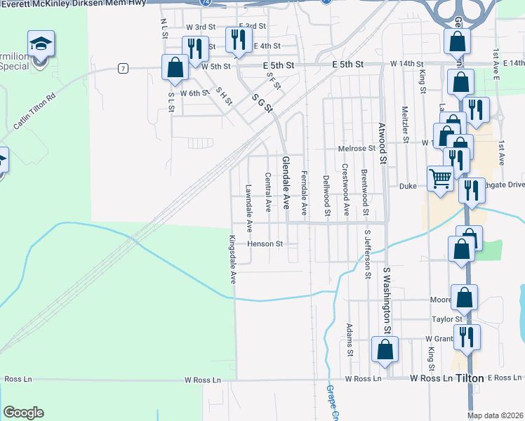 map of restaurants, bars, coffee shops, grocery stores, and more near 811 Central Avenue in Tilton