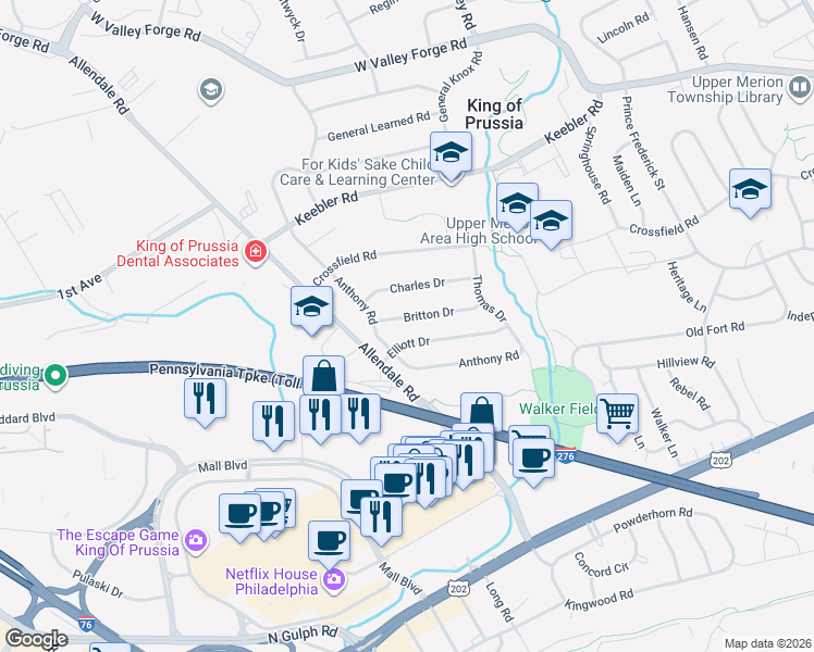 map of restaurants, bars, coffee shops, grocery stores, and more near 540 Britton Drive in King of Prussia