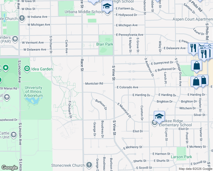 map of restaurants, bars, coffee shops, grocery stores, and more near 27 Montclair Road in Urbana