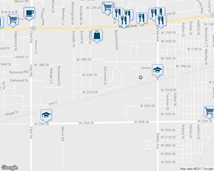 map of restaurants, bars, coffee shops, grocery stores, and more near 2112 Kerrwood Drive in Anderson