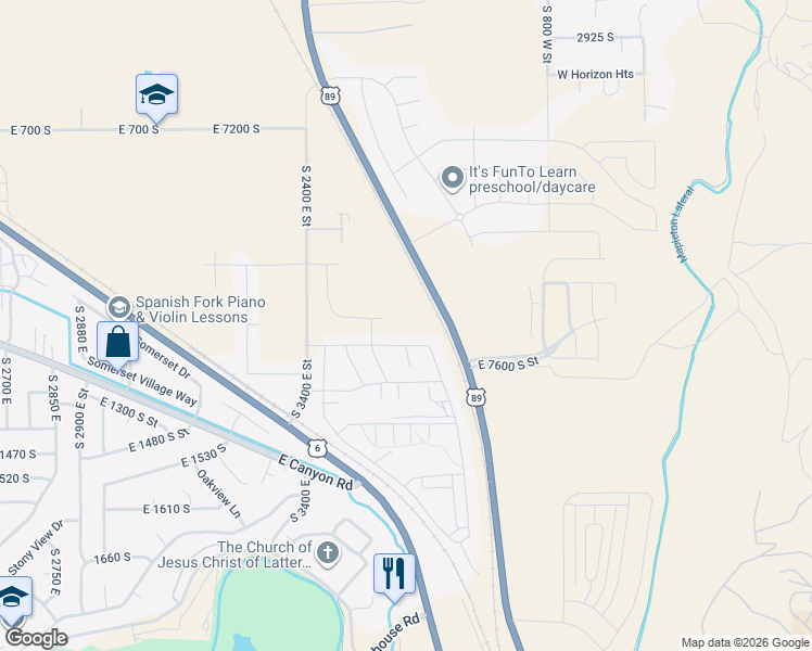 map of restaurants, bars, coffee shops, grocery stores, and more near 3592 East 1120 South in Spanish Fork
