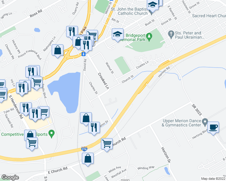map of restaurants, bars, coffee shops, grocery stores, and more near 407 Church Street in King of Prussia