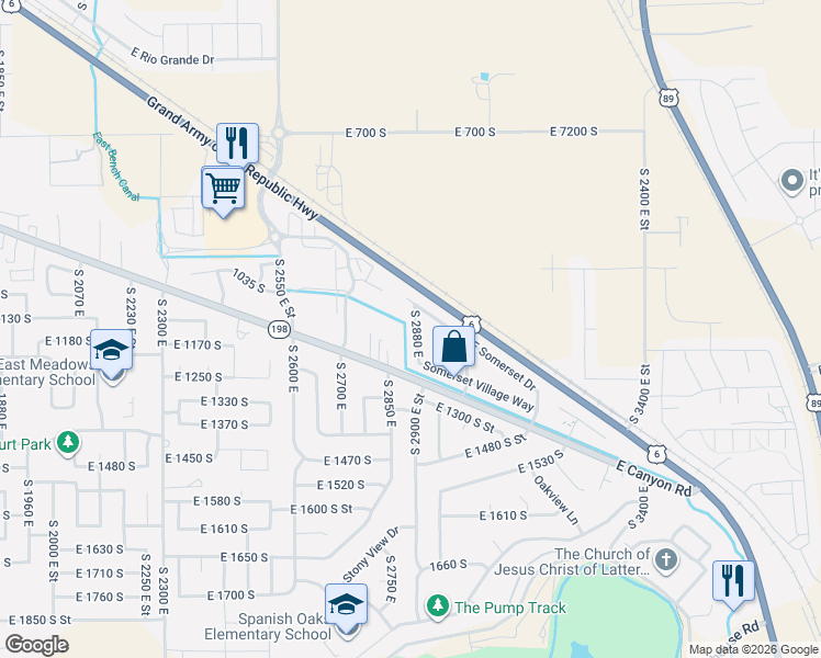 map of restaurants, bars, coffee shops, grocery stores, and more near 1122 South 2880 East in Spanish Fork