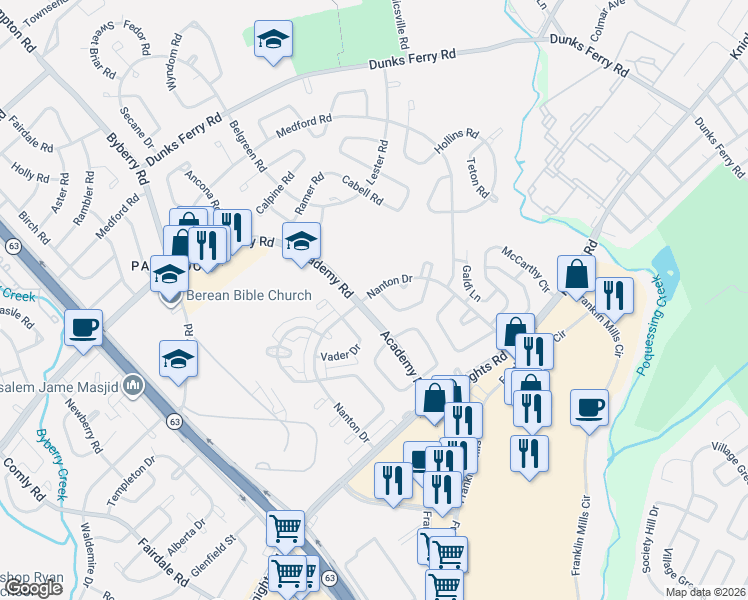 map of restaurants, bars, coffee shops, grocery stores, and more near 12601 Nanton Drive in Philadelphia