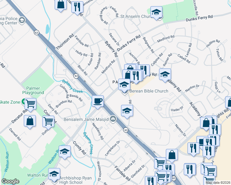 map of restaurants, bars, coffee shops, grocery stores, and more near 12135 Academy Road in Philadelphia