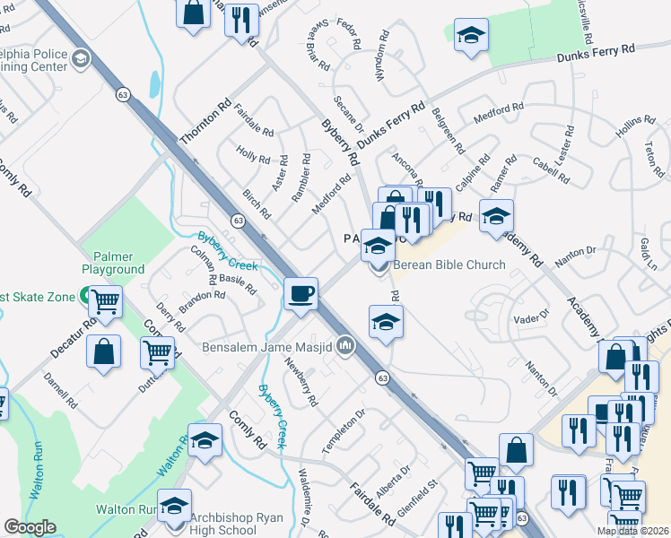 map of restaurants, bars, coffee shops, grocery stores, and more near 12032 Academy Road in Philadelphia