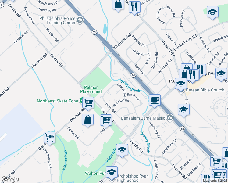 map of restaurants, bars, coffee shops, grocery stores, and more near 11745 Colman Road in Philadelphia