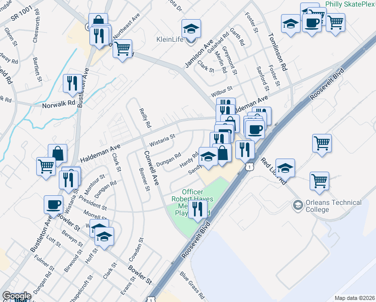 map of restaurants, bars, coffee shops, grocery stores, and more near 9971 Dungan Road in Philadelphia