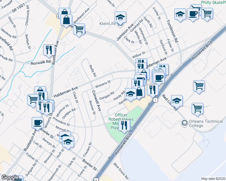 map of restaurants, bars, coffee shops, grocery stores, and more near 9959 Montour Street in Philadelphia