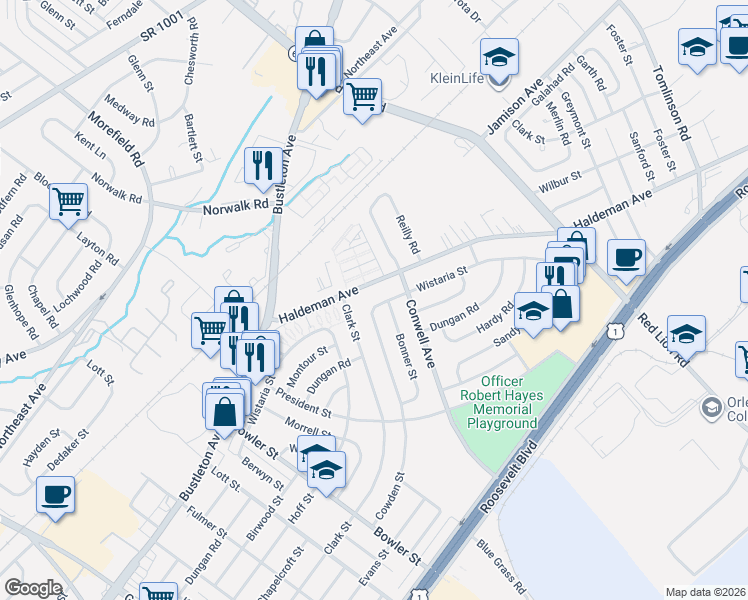 map of restaurants, bars, coffee shops, grocery stores, and more near 9825 Haldeman Avenue in Philadelphia