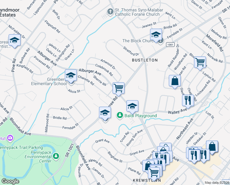 map of restaurants, bars, coffee shops, grocery stores, and more near 9001 Verree Road in Philadelphia