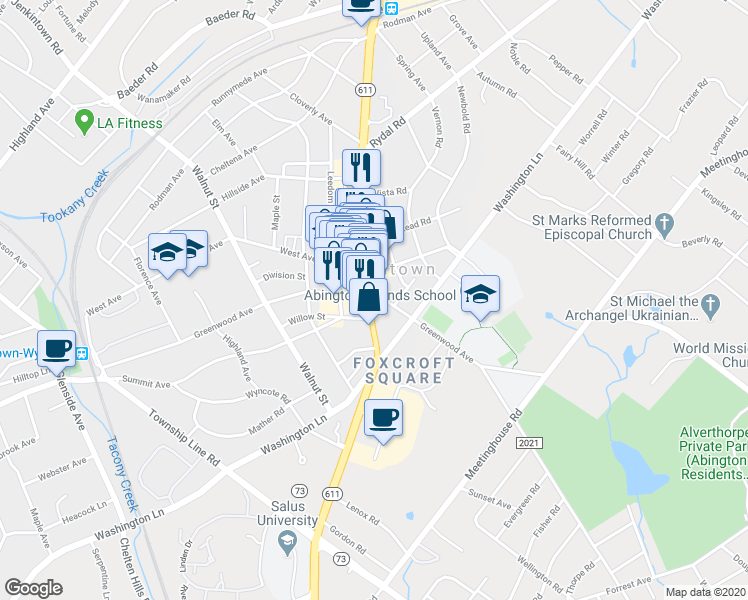 map of restaurants, bars, coffee shops, grocery stores, and more near 720 Greenwood Avenue in Jenkintown