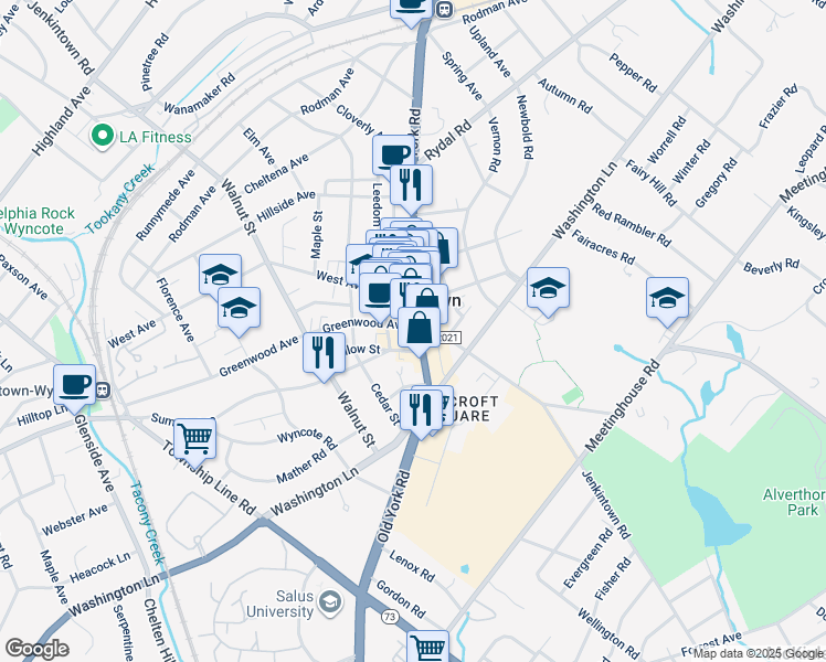 map of restaurants, bars, coffee shops, grocery stores, and more near 720 Greenwood Avenue in Jenkintown