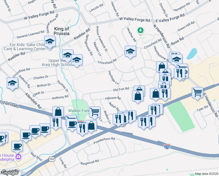 map of restaurants, bars, coffee shops, grocery stores, and more near 418 Old Fort Road in King of Prussia