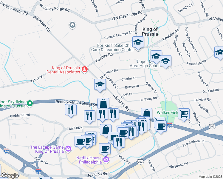 map of restaurants, bars, coffee shops, grocery stores, and more near 336 Anthony Road in King of Prussia