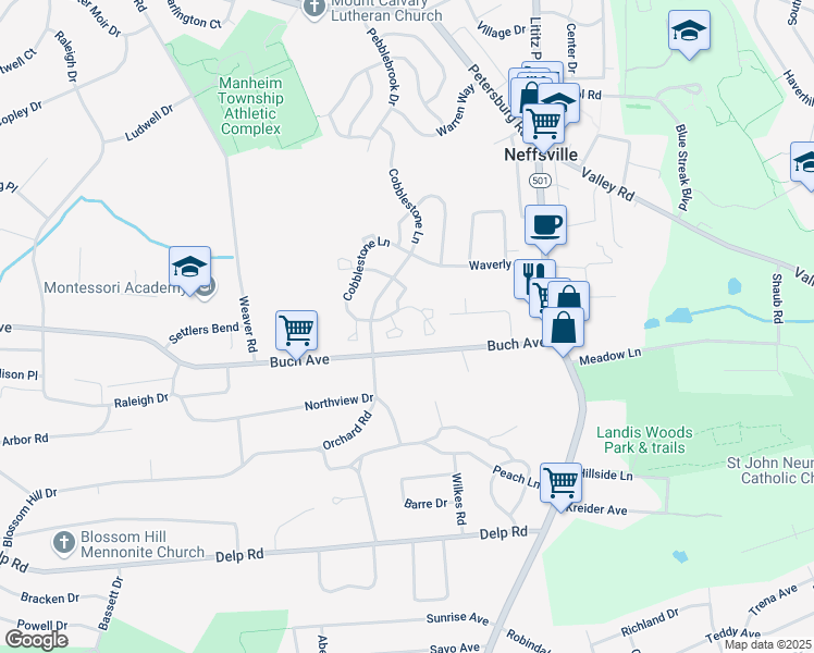 map of restaurants, bars, coffee shops, grocery stores, and more near 101 Cobblestone Lane in Lancaster
