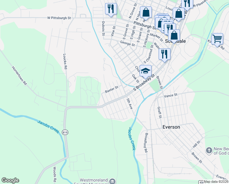 map of restaurants, bars, coffee shops, grocery stores, and more near 128 3rd Avenue in Scottdale