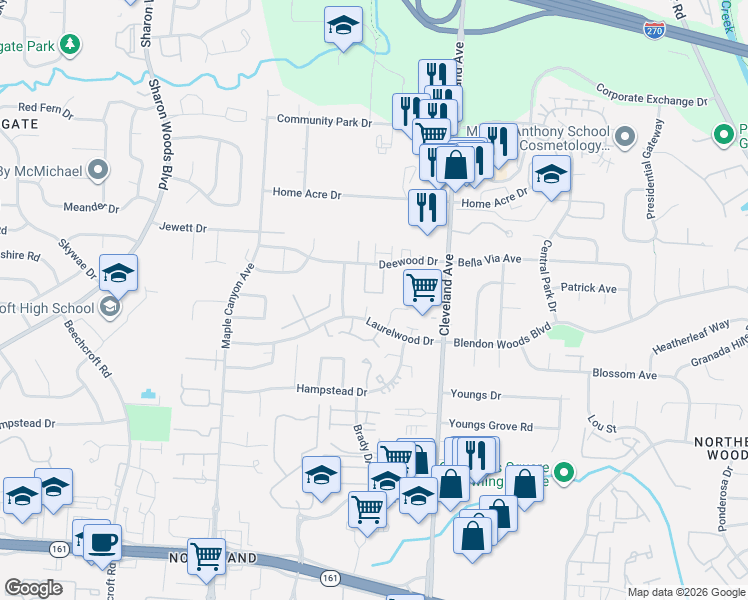 map of restaurants, bars, coffee shops, grocery stores, and more near 6149-6155 Laurelwood Court in Columbus