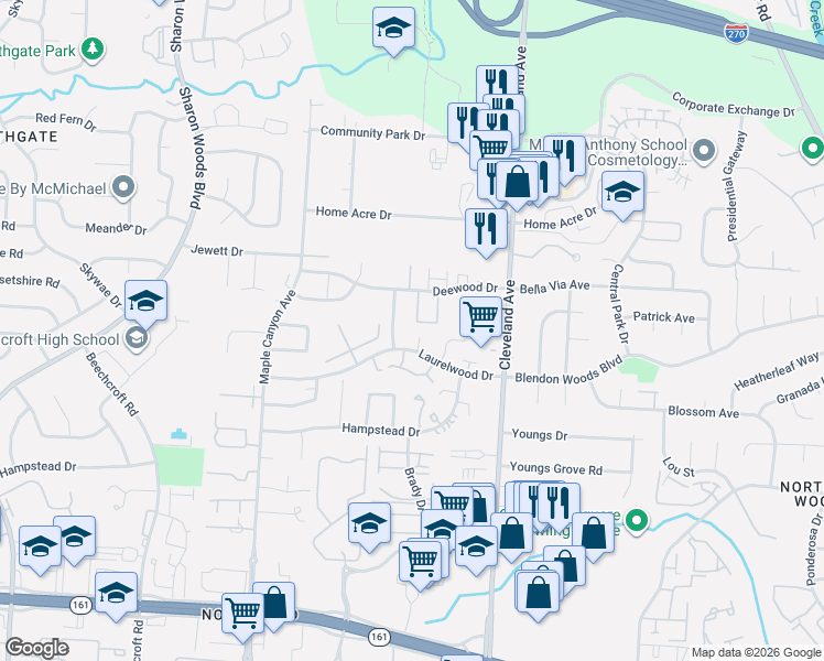 map of restaurants, bars, coffee shops, grocery stores, and more near 6150 Doewood Street in Columbus