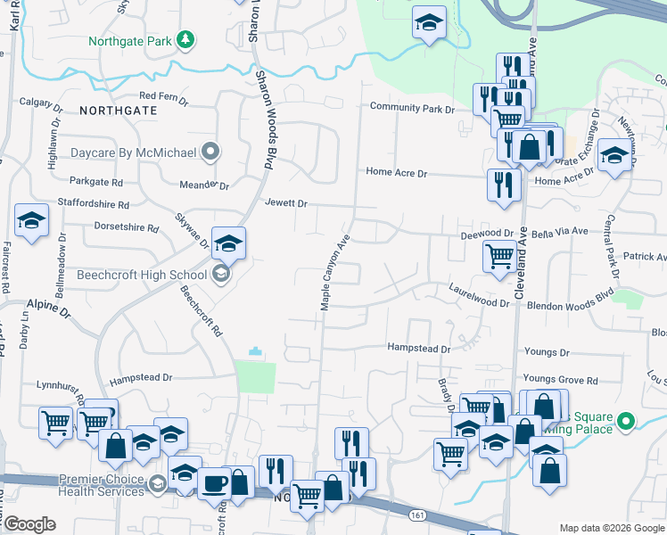map of restaurants, bars, coffee shops, grocery stores, and more near 2143 Hanby Square North in Columbus