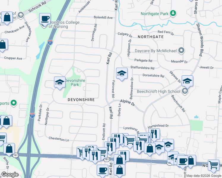 map of restaurants, bars, coffee shops, grocery stores, and more near 6251 Faircrest Road in Columbus