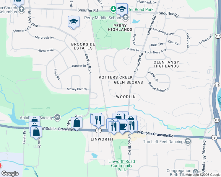 map of restaurants, bars, coffee shops, grocery stores, and more near 1316 Lakeside Court in Worthington