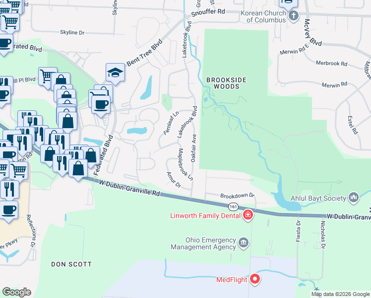 map of restaurants, bars, coffee shops, grocery stores, and more near 6804 Maplebrook Lane in Columbus